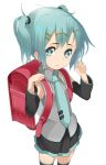  1girl aqua_eyes aqua_hair backpack bag detached_sleeves hair_ornament hairclip hatsune_miku looking_at_viewer necktie randoseru simple_background skirt smile solo tamakorogashi thighhighs twintails vocaloid white_background young 