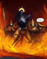  3boys absurdres adeptus_custodes arm_around_shoulder armor artificial_eye black_eyes black_hair blue_gemstone chest_jewel emaciated emperor_of_mankind english_text fire gem glowing glowing_halo gold_armor gold_halo guard halo highres holding holding_sword holding_weapon leaning_on_person long_hair mechanical_eye multiple_boys ornate_armor pale_skin pauldrons pelvic_curtain potoq power_armor red_gemstone shoulder_armor skinny speech_bubble sword topless_male tube warhammer_40k weapon widow&#039;s_peak 