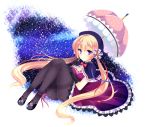  1girl agekichi_(heart_shape) black_gloves black_legwear blonde_hair blush breasts cleavage dress gloves hair_ornament hairclip large_breasts long_hair looking_at_viewer night original pantyhose sky solo star_(sky) starry_sky thighband_pantyhose twintails umbrella violet_eyes 