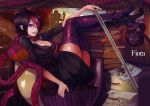  1girl :d anklet armchair bespectacled black_bra black_hair book bra breasts chair character_name cleavage danann fiora_laurent formal glasses hair_bun hair_over_one_eye high_heels jewelry lace_bra lamp league_of_legends legs_up lying multicolored_hair open_mouth pencil pinstripe_pattern purple_legwear ruler scarf short_hair skirt_suit sleeves_rolled_up smile solo suit thighhighs underwear violet_eyes 