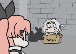 anby_demara anby_demara_(silver_soldier) cardboard_box long_hair multiple_girls nicole_demara short_hair zenless_zone_zero