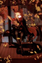  1girl absurdres animal_ears apple arknights autumn autumn_leaves bag baguette black_jacket blonde_hair bread brown_pantyhose brown_tail closed_mouth commentary day food fox_ears fox_girl fox_tail fruit full_body groceries grocery_bag highres jacket leaf long_hair long_sleeves looking_at_viewer outdoors pantyhose paper_bag red_scarf scarf shopping_bag solo tail textless_version vulpisfoglia_(arknights) wind ya_ya_bu_gaga yellow_eyes 