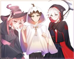  1girl 2boys :o ahoge black_dress black_gloves black_hat black_pants brown_hair chain cosplay cowboy_shot danganronpa_(series) danganronpa_2:_goodbye_despair death_(entity) dress ghost_costume gloves grim_reaper grim_reaper_(cosplay) hair_between_eyes hair_through_hood halloween hat highres hinata_hajime holding holding_scythe hood hood_up ica_(icrs_2221) komaeda_nagito long_sleeves medium_hair multiple_boys nanami_chiaki pants pink_eyes scythe smile white_background white_hair wide_sleeves witch 