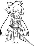  1girl chibi highres lineart long_hair looking_at_viewer monochrome smile solo sword syno very_long_hair weapon 