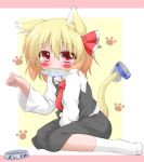  1girl animal_ears between_legs blonde_hair blush_stickers cat_ears cat_tail fish hand_between_legs necktie oden_(th-inaba) paw_pose red_eyes rumia solo tail touhou 