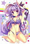  1girl absurdres animal_ears arm_support bare_shoulders barefoot bikini blush breasts cleavage fox_ears fox_tail hat highres long_hair navel open_mouth original purple_bikini purple_hair shiny shiny_skin side-tie_bikini sitting solo swimsuit tail tateha_(artist) violet_eyes wariza 