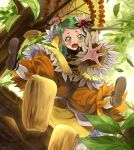  1girl blush dress dropping flower green_eyes green_hair hair_flower hair_ornament hanging_from_tree kabocha kanaria long_sleeves open_mouth outstretched_arm outstretched_hand pants_under_dress parasol rozen_maiden solo tears tree umbrella underwear wavy_mouth wide_sleeves yellow_dress 