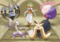  1girl bag beret bianca_(pokemon) blonde_hair blush blush_stickers chandelure closed_eyes closed_mouth commentary dress english_commentary eyelashes fine_art_parody fire floating full_body gas green_bag green_eyes green_hat green_shoes handbag hat highres holding holding_poke_ball mienshao musharna orange_pantyhose orange_vest pallizo pantyhose parody poke_ball poke_ball_(basic) pokemon pokemon_(creature) pokemon_bw purple_fire red_eyes shoes short_hair short_sleeves smile stairs standing stoutland vest white_dress yellow_eyes 