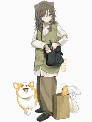  1girl animal_charm animal_ears bag bag_charm baggy_pants baguette black_bag black_shoes blush bread brown_eyes brown_hair brown_pants brown_shirt buttons cardigan cardigan_vest charm_(object) closed_mouth collared_shirt commentary dog dog_ears dog_girl dot_mouth dot_nose food from_side full_body green_cardigan hair_between_eyes handbag highres layered_sleeves long_hair long_sleeves looking_at_viewer looking_to_the_side original pan-chan_(takaya_riku) pants paper_bag plastic_bag raised_eyebrows shirt shoes shopping_bag shoulder_bag sidelocks simple_background sleeves_past_wrists solo standing symbol-only_commentary takaya_riku turning_head welsh_corgi white_background white_shirt 