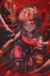  1girl absurdres animal animal_on_arm bird bird_on_arm black_gloves black_wings bracelet brown_hair commentary_request crown cup dress drink drinking_glass eyelashes gloves highres holding holding_cup jewelry lace lace_sleeves long_hair looking_at_viewer open_mouth original pearl_bracelet red_dress red_eyes red_theme satori_suzuha serious solo wine_glass wings 