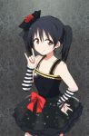  1girl \m/ arm_warmers black_dress black_hair bow dress flower hair_flower hair_ornament hair_ribbon hand_on_hip kidachi layered_dress love_live!_school_idol_project red_eyes ribbon short_hair smile solo sparkle striped twintails yazawa_nico 