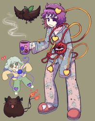  4girls :/ :3 ;d alternate_costume animal_print bird cat cat_print coffee_mug crow cup floating full_body green_hair hair_ornament heart heart_hair_ornament heart_of_string highres holding holding_cup kaenbyou_rin kaenbyou_rin_(cat) komeiji_koishi komeiji_satori medium_hair messy_hair mug multiple_girls one_eye_closed outstretched_arms pajamas pants partially_open_shirt pink_hair pokochiiiiii raised_inner_eyebrows reiuji_utsuho reiuji_utsuho_(bird) short_hair simple_background sleepwear sleeves_past_wrists slippers slouching smile subterranean_animism third_eye touhou violet_eyes wavy_hair 