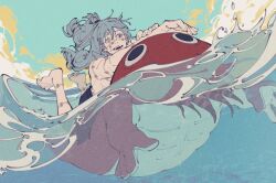  2boys abs black_male_swimwear blue_eyes clouds colored_skin commentary cursed_spirit_(jujutsu_kaisen) dagon_(jujutsu_kaisen) fingernails floating_hair grey_hair hair_between_eyes heterochromia highres jujutsu_kaisen mahito_(jujutsu_kaisen) male_focus male_swimwear mim_(mimya0600) multiple_boys ocean octopus octopus_boy open_mouth red_skin riding sky smile stitched_arm stitched_face stitched_leg stitched_wrist stitches swim_trunks teeth topless_male water yellow_eyes 