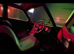  blood car_interior chromatic_aberration commentary english_commentary full_moon letterboxed moon no_humans open_door original paula_blumen pink_moon right-hand_drive steering_wheel subtitled 