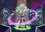  1girl closed_eyes detached_sleeves floating_hair grass green_hair hatsune_miku head_wreath long_hair microphone microphone_stand mimika_(puetilun) musical_note skirt solo speaker thigh-highs twintails very_long_hair vocaloid wings 
