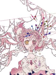  1girl abstract bow choker dress frilled_dress frilled_sleeves frills goddess_madoka hair_bow heterochromia highres hoshimura_yumea kaname_madoka kaname_madoka_(magical_girl) long_hair looking_at_viewer mahou_shoujo_madoka_magica mahou_shoujo_madoka_magica_(anime) no_mouth pink_hair ribbon ribbon_choker short_twintails solo surreal twintails white_background white_choker white_dress white_ribbon yellow_eyes 