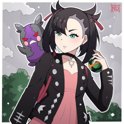  1girl asymmetrical_bangs backpack bag black_choker black_hair black_jacket border choker dress dusk_ball earrings highres holding holding_poke_ball jacket jewelry marnie_(pokemon) morpeko morpeko_(hangry) neotwenty on_shoulder pink_dress poke_ball pokemon pokemon_(creature) pokemon_on_shoulder pokemon_swsh stud_earrings twintails undercut upper_body white_border 