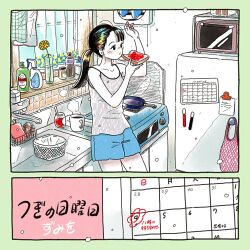  1girl apartment bag binder_clip black_eyes black_hair blue_shorts blunt_bangs blush border bottle bread bread_slice breasts cabinet calendar_(object) colored_skin commentary counter drip_coffee emamemamo33 faucet fingernails flower food food_bite food_packaging from_side frying_pan green_border hand_up highres holding indoors iridescent_hair jam kitchen magnet marker microwave original oven ponytail promotional_art refrigerator refrigerator_magnet shorts sink slice_of_life small_breasts soap solo sponge standing stove tank_top tile_wall tiles toast translation_request white_skin window 