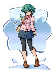  1girl absurdres bag black_pants blue_skirt blue_sky brown_shoes building buttons city clouds commentary dated day drop_shadow english_commentary eyelashes full_body green_eyes green_hair handbag hidamari_sketch highres holding holding_bag long_sleeves natsume_(hidamari_sketch) outline pants pants_under_skirt pink_shirt red_scarf rotze scarf shirt shoes signature skirt sky solo standing white_outline 