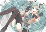  1girl 2013 absurdres boots bowtie character_name dated elbow_gloves gloves green_eyes green_hair hair_ribbon hatsune_miku highres long_hair open_mouth ribbon skirt solo thigh_boots thighhighs twintails very_long_hair vocaloid wrist_cuffs yukina_yotsuba 