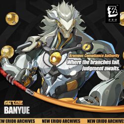 1boy artificial_eye banyue_(zenless_zone_zero) biceps black_background character_name claws clothes_around_waist commentary english_commentary english_text facing_viewer floating_ball grey_hair highres humanoid_robot long_hair looking_to_the_side male_focus mechanical_arms mechanical_eye mechanical_hands official_art orb robot robot_boy solo zenless_zone_zero 