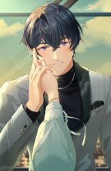  1boy 1girl absurdres bird black_hair black_shirt bracelet breast_pocket buttons clenched_teeth clouds commentary ear_piercing hand_on_another's_face hand_up highres jewelry lapels long_sleeves looking_at_viewer male_focus marius_von_hagen_(tears_of_themis) necklace out_of_frame piercing pocket rosa_(tears_of_themis) shawl_lapels shirt short_hair smile sweater t0uka_o1 tears_of_themis teeth turtleneck turtleneck_sweater upper_body violet_eyes watermark 