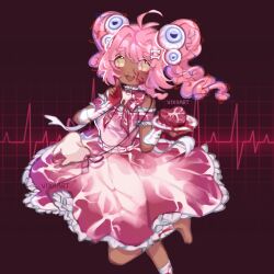  1girl :3 antenna_hair bag bandaged_arm bandaged_leg bandages blood blood_on_bandages blood_on_clothes blood_on_face blood_on_hands blood_splatter bone_hair_ornament bow bowtie cardiogram choker dark-skinned_female dark_skin dress drill_hair eyeball_hair_ornament fang food frilled_choker frilled_dress frilled_wrist_cuffs frills grid_background hair_intakes hair_ornament handbag heart highres holding holding_plate meat meaty-chan open_mouth pink_dress pink_hair plate pointing pointing_at_self raised_inner_eyebrows raw_meat red_background red_bow red_bowtie red_wrist_cuffs short_eyebrows signature skin_fang standing standing_on_one_leg tooth twin_drills utau vixiiart wispy_bangs wrist_cuffs yellow_eyes 