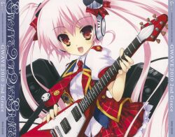 1girl 2010 :d absurdres album_cover character_request checkered checkered_clothes checkered_skirt copyright_name electric_guitar female fingernails grey_headwear guitar gwave hair_ornament headphones headwear highres holding_guitar holding_instrument instrument long_hair multicolored_clothes open_mouth orange_eyes pink_hair playing_instrument red_skirt short_sleeves simple_background skirt skull solo tie twintails white_background white_sleeves x_x