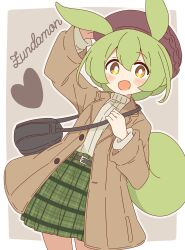  1girl :d absurdres animal_ears arm_up bag blush border bright_pupils brown_hat character_name coat commentary cowboy_shot dot_nose green_hair green_skirt grey_background grey_sweater hat heart highres long_hair long_sleeves looking_at_viewer open_clothes open_coat open_mouth outside_border plaid_clothes plaid_skirt pleated_skirt shoulder_bag simple_background skirt smile solo sweater trench_coat voicevox white_background white_border white_pupils yellow_eyes zundamon zungurimukkuri_tarou 