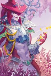  1boy armor artist_name ascot blue_ascot claws colored_skin coral cow dated falling_petals fins fish_boy head_fins highres male_focus midriff monster_boy multicolored_skin open_mouth petals red_skin sharp_teeth shoulder_armor sidon silver_trim skirt slit_pupils smile solo teeth the_legend_of_zelda the_legend_of_zelda:_tears_of_the_kingdom two-tone_skin whistle whistle_around_neck white_skirt yellow_eyes yukinnn zora 