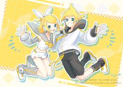  1boy 1girl artist_name bare_shoulders black_gloves black_leg_warmers black_sailor_collar black_shorts blonde_hair blue_eyes bow chest_bow cropped_jacket detached_sleeves fingerless_gloves gloves grey_leg_warmers grey_sailor_collar grey_sleeves hair_bow hair_ornament hairpin hashtag-only_commentary headphones jacket kagamine_len kagamine_len_(nt) kagamine_rin kagamine_rin_(nt) layered_sleeves leg_warmers lilija long_sleeves midriff ponytail sailor_collar shoes short_hair short_ponytail short_shorts shorts sleeveless sleeveless_jacket swept_bangs text_hair_ornament vocaloid white_bow white_gloves white_jacket white_shoes white_shorts wing-shaped_bow yellow_bow yellow_trim 