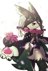  1other :d animal_hands black_bow black_vest bow braid clothed_pokemon fangs flower furry green_fur green_hair hair_bow half-closed_eyes highres leg_belt looking_at_viewer mask meowscarada open_mouth other_focus pawpads pink_eyes pink_flower pokemon pokemon_(creature) short_braid short_hair short_tail simple_background smile solo sstoh standing tail twin_braids two-tone_fur upper_body vest white_background 