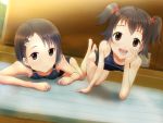  2girls akagi_miria all_fours black_hair brown_eyes competition_swimsuit hair_ornament hairclip highres idolmaster idolmaster_cinderella_girls mat multiple_girls on_stomach one-piece_swimsuit perspective sasaki_chie shinkuoh short_hair swimsuit teeth twintails 