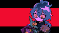  3boys blue_hair bomuchi character_request fiery_hair hair_between_eyes hercules_(1997_movie) highres idia_shroud long_hair long_sleeves looking_at_viewer makeup male_focus multiple_boys pain_(disney) panic_(disney) robot shirt short_hair simple_background twisted_wonderland yellow_eyes 