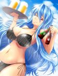  1girl alcohol beer bikini blue_hair blue_sky bottle breasts clouds cup female kamishirasawa_keine long_hair no_hat red_eyes sky smile solo sunlight swimsuit touhou tray tuna_sand wink 