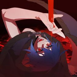  1girl arm_at_side arm_up artist_request blood blood_drip blood_drop blood_on_face blood_on_hands blue_eyes cape ciel_(tsukihime) crazy_eyes evil_grin evil_smile fur-trimmed_cape fur_trim grin hair_between_eyes highres michael_roa_valdamjong naked_cape open_mouth possessed red_eyes roa-ciel short_hair smile source_request tsukihime tsukihime_(remake) vampire 