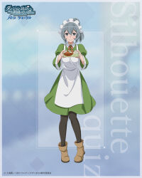  1girl apron bento black_pantyhose boots brown_boots closed_mouth collared_dress commentary_request copyright_logo copyright_name copyright_notice danmachi_battle_chronicle double-parted_bangs dress dungeon_ni_deai_wo_motomeru_no_wa_machigatteiru_darou_ka full_body green_dress grey_eyes grey_hair hair_between_eyes highres holding holding_bento juliet_sleeves logo long_sleeves looking_at_viewer maid_headdress neck_ribbon official_art pantyhose pigeon-toed puffy_sleeves ribbon second-party_source smile solo standing syr_flover two-handed white_apron white_headdress 