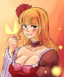  1girl alternate_hair_length alternate_hairstyle beatrice blonde_hair blue_eyes breasts butterfly choker cleavage collarbone drawfag flower hair_down hair_flower hair_ornament large_breasts long_hair rose smile solo umineko_no_naku_koro_ni 