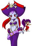  2girls bandeau bare_shoulders belt bracer breasts chibi choker cleavage earrings forehead_jewel grin hair_tubes hat headband hoop_earrings jewelry long_hair midriff multicolored_hair multiple_girls navel pirate pirate_hat pointy_ears ponytail purple_hair purple_skin red_eyes redhead ringed_eyes risky_boots shantae shantae_(character) shilfy_yo smile sneaking twintails two-tone_hair very_long_hair wrist_cuffs 