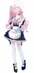  1girl absurdres ahoge alternate_costume apron black_choker blue_archive choker clipboard enmaided frilled_apron frills full_body halo highres holding holding_carton holding_clipboard holding_milk_carton long_hair maid milk_carton natsu_(blue_archive) nekomochi open_mouth pink_hair pink_halo red_eyes side_ponytail solo thigh-highs white_apron white_background white_thighhighs white_wrist_cuffs wrist_cuffs 