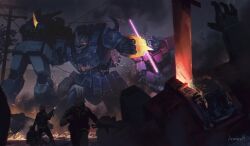  3boys absurdres arm_shield artist_name assault_visor car commentary commission energy_sword english_commentary fire firing fleeing gm_(mobile_suit) gouf green_visor gun gundam headless helmet highres holding holding_gun holding_sword holding_weapon icemarv14 impaled mecha military_combat_uniform military_uniform mobile_suit mobile_suit_gundam motor_vehicle multiple_boys one-eyed original power_lines red_eyes robot science_fiction shoulder_spikes smoke soldier sparks spikes sword utility_pole weapon 