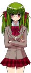  1girl bow crossed_arms glasses green_hair long_hair looking_at_viewer red_eyes simple_background skirt solo syno white_background 