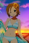  ;d bikini brown_eyes brown_hair flower hair_flower hair_ornament k-on! kisuke_(akutamu) navel open_mouth see-through short_hair smile sunset swimsuit tainaka_ritsu towel wink 