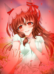  1girl animal_ears blurry blurry_background blush breasts collarbone commentary_request crazy_eyes dress field flower flower_field highres holding_hands horse_ears horse_girl jewelry kijinm looking_at_viewer necklace petals portrait pov pov_hands red_eyes sky small_breasts solo still_in_love_(umamusume) umamusume veil yandere 
