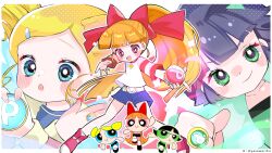  3girls black_hair blonde_hair blossom_(ppg) blue_dress blue_eyes blue_shorts blush bow bubbles_(ppg) buttercup_(ppg) child closed_mouth collarbone dress green_dress green_shirt hair_bow highres long_hair long_sleeves looking_at_viewer low_twintails medium_hair multiple_girls open_mouth orange_hair pink_dress pink_hair pink_nails pink_shoes powerpuff_girls powerpuff_girls_z red_bow shirt shoes short_twintails shorts smile standing twintails white_shirt yazawaribii 