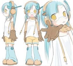  2000s_(style) :d aqua_hair aqua_legwear bare_shoulders belt_collar blue_hair blue_legwear blush brown_collar brown_gloves brown_headwear brown_shoes brown_sleeves canihavepromo collar detached_sleeves female from_side glasses gloves hair_ornament headphones headwear jamchan leg_warmers letter_hair_ornament long_sleeves moe multiple_persona open_mouth original pale_skin reaching reaching_towards_viewer shirt shoes shorts simple_background sketch tank_top twintails undershirt white_background white_shirt yellow_eyes yellow_shorts 