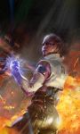  1girl alien aria_t&#039;loak asari ass biotic blue_eyes bodysuit clenched_hand facial_tattoo fire glowing highres looking_at_viewer mass_effect mass_effect_3 purple_skin rain shiny shiny_clothes solo tattoo wet 