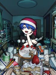  1girl 1other aonorikani3ba black_capelet blue_eyes blue_hair boxcutter bright_pupils cake cake_slice can capelet commentary_request doremy_sweet drink_can food fruit fumo_(doll) hat head_rest highres holding holding_knife indoors knife looking_at_viewer messy_room open_mouth pom_pom_(clothes) smile strawberry table television touhou white_pupils 