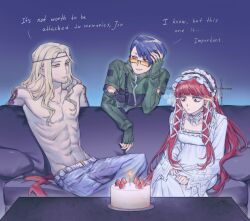  1girl 2boys arm_tattoo arms_behind_couch beard_stubble belt birthday_cake black-framed_eyewear blue_background blue_eyes blue_hair blue_pants blunt_bangs breasts brown_eyes cake candle closed_mouth collar commentary couch denim detached_sleeves dress english_commentary english_text facial_hair fingerless_gloves food frilled_collar frilled_hairband frills fruit glasses gloves green_jacket hair_ribbon hairband hand_on_own_head hands_on_lap highres jacket jeans leg_over_thigh lolita_fashion lolita_hairband long_hair long_sleeves looking_at_another looking_at_food multiple_boys object_through_head on_couch orange-tinted_eyewear pants parted_lips persona persona_3 rectangular_eyewear red_hair ribbon sakaki_takaya shirato_jin sidelocks sitting small_breasts smile sparkle strawberry stubble tattoo tinted_eyewear tkjnbrnrt topless_male tress_ribbon undercut white_belt white_collar white_dress white_hair white_ribbon yellow_eyes yoshino_chidori 