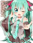  1girl blush dated detached_sleeves green_eyes green_hair hair_ribbon happy_birthday hatsune_miku highres kyapinetzu long_hair necktie open_mouth ribbon skirt solo twintails vocaloid wink 